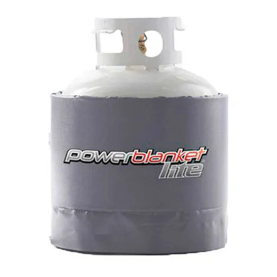 Gray insulated band-style heat blanket for 20 to 40 lb gas cylinders