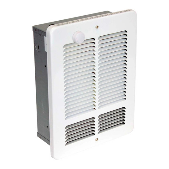White forced-air electric wall heater with built-in thermostat and rounded-corner grille
