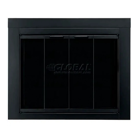 Black surface-mount glass door for a masonry fireplace