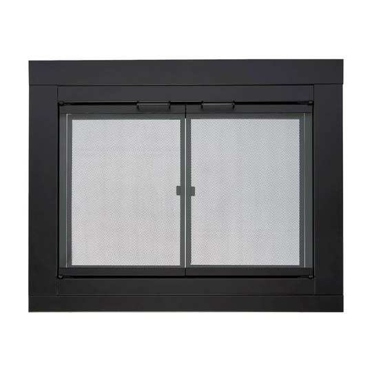 Black fireplace glass doors with screen for a masonry fireplace