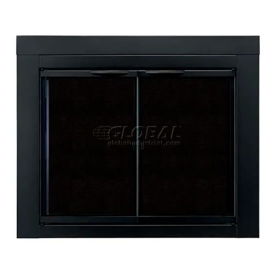 Black fireplace glass door with clear glass panels and mesh panels