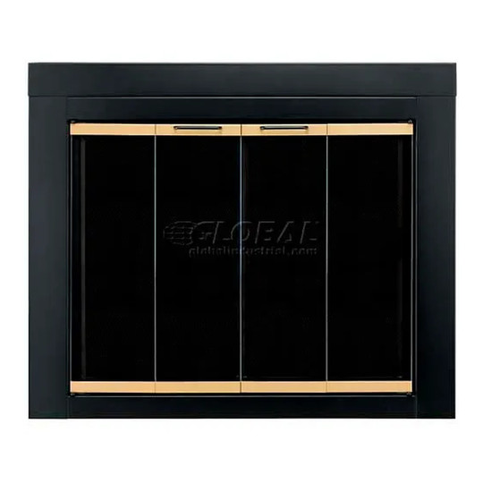 Black fireplace glass door with gold trim and bi-fold glass panels
