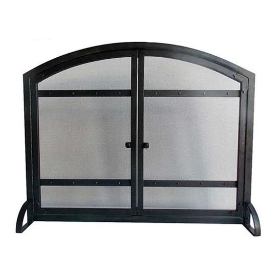 Arched antique black steel fireplace screen with mesh panel and two doors