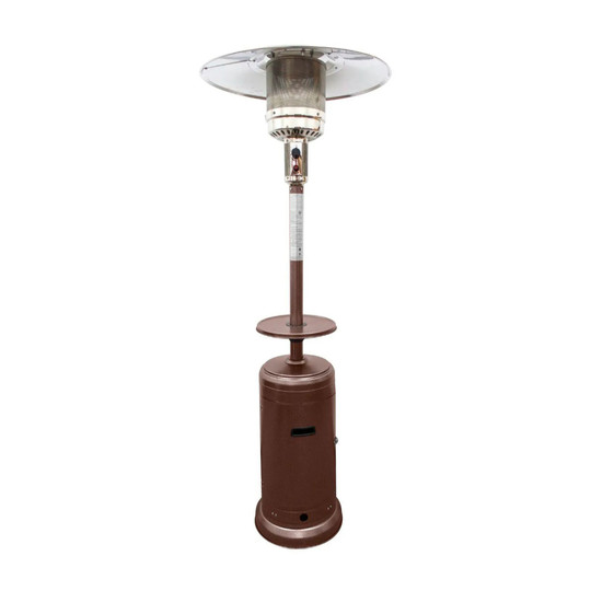 Brown and silver propane patio heater with integrated table