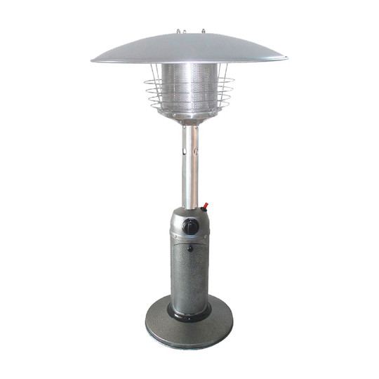 Hammered silver tabletop propane patio heater with concealed propane tank compartment