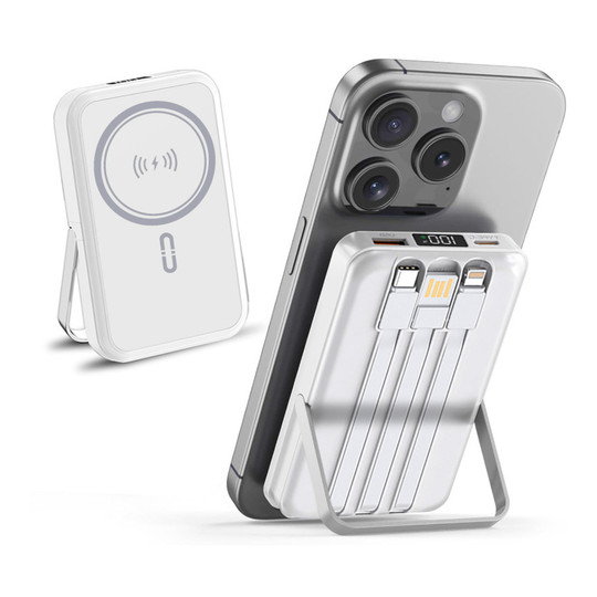 10,000mAh Magnetic Wireless Power Bank with Metal Stand and Built-In Cables, White