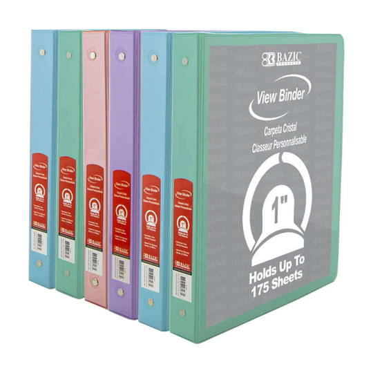 1-Inch Assorted Pastel 3-Ring View Binders with Pockets, Set of 6