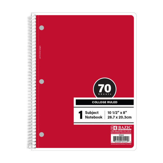 Red 1-Subject College Ruled Spiral Notebook, 70 Count