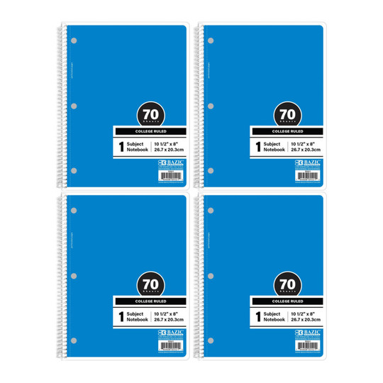 Blue College-Ruled 1-Subject Spiral Notebooks, 70 Count, 4-Pack