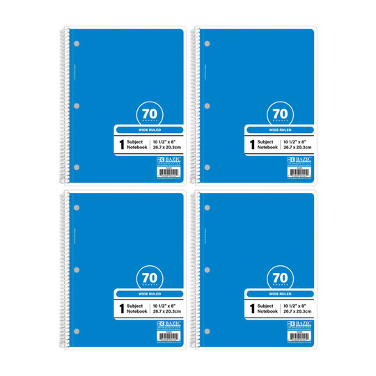 Blue Wide-Ruled 1-Subject Spiral Notebooks, 70 Count, 4-Pack