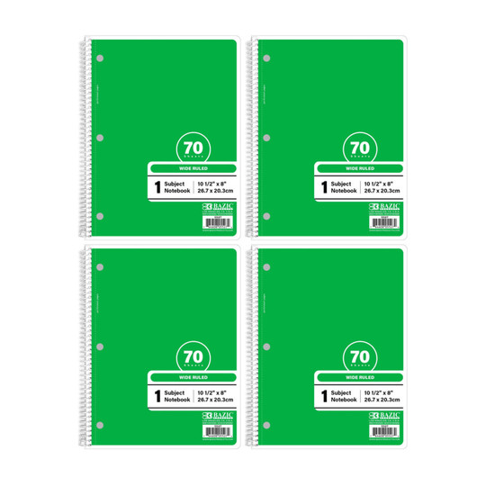 Green Wide-Ruled 1-Subject Spiral Notebooks, 70 Count, 4 Pack