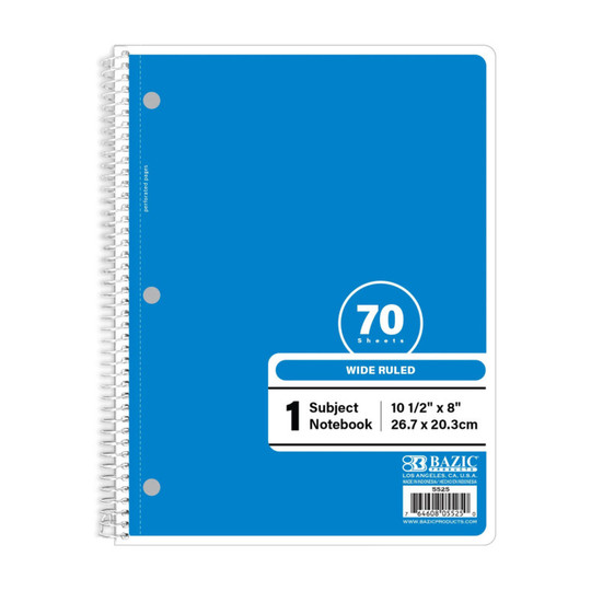Blue Wide-Ruled 1-Subject Spiral Notebook, 70 Count