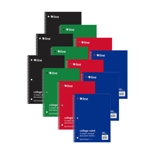 College-Ruled 3-Subject Notebooks, 120 Sheets, Assorted Colors, 12-Pack