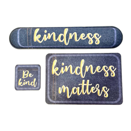 Kindness-Themed Computer Desk Mat Set with Mouse Pad, Wrist Pad and Coaster