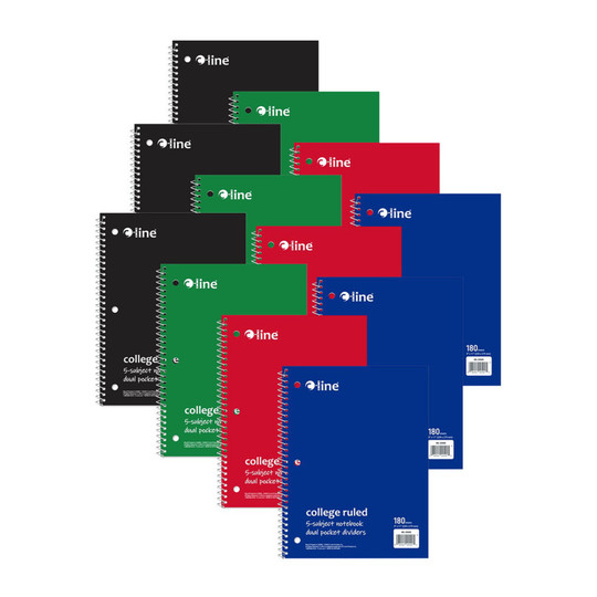 5-Subject College-Ruled Notebooks, 180 Sheets, Assorted Colors, Pack of 12