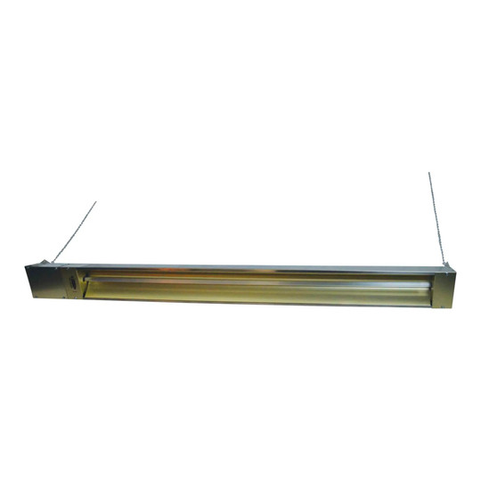 Silver overhead infrared spot heater with reflector and end-mounted electrical enclosure