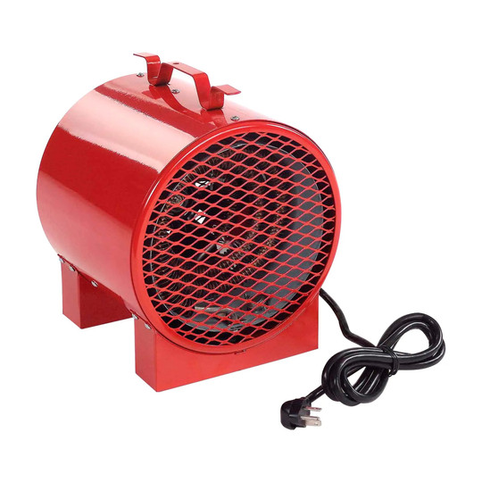 Red portable fan-forced electric heater with handle and steel legs