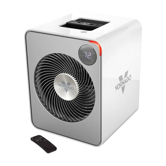 White portable electric heater with digital display and steel cabinet