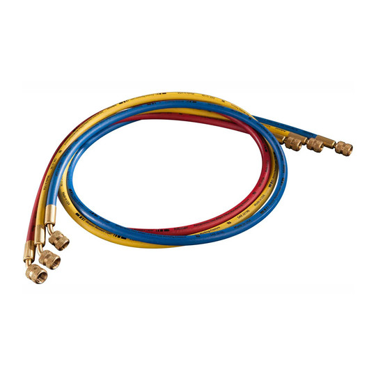Set of three red 60-inch refrigeration hoses with 1/4-inch connections