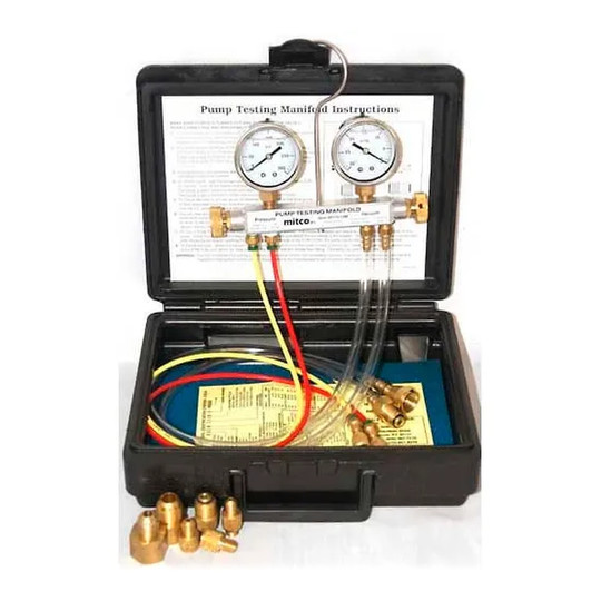 Fuel oil pump testing manifold kit with gauges, hoses, fittings, and carrying case