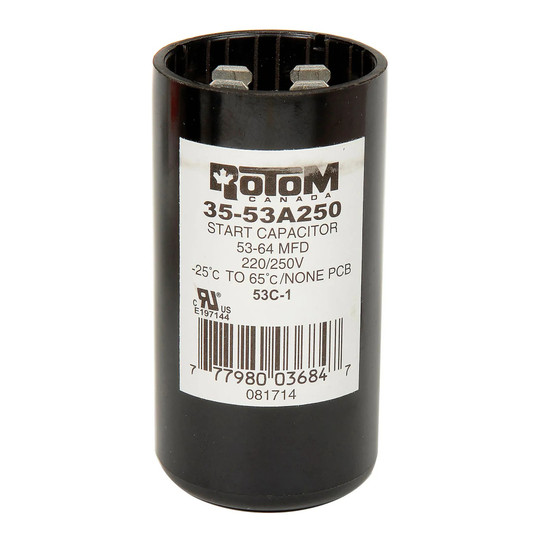 Round 53-64 MFD 220/250V motor start capacitor with dual-blade terminals