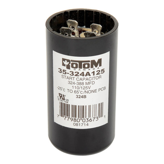 Round 324-388 MFD 110/125V start capacitor with insulated terminals