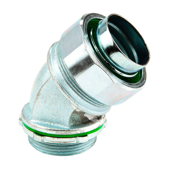 Two 45-degree steel liquid-tight conduit connectors for 1-1/2 inch conduit