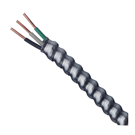 Coil of 14/2 AWG black, white, and green aluminum armored Type MC cable