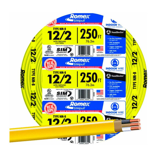 Yellow 12/2 AWG NM-B cable with ground, 250-foot length