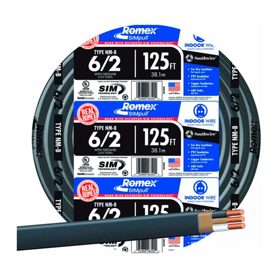 Black 6/2 AWG NM-B cable with ground, 125-foot length