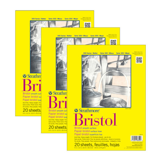 300 Series Smooth Bristol Paper Pad, 9 x 12 Inches, 20 Sheets, Pack of 3
