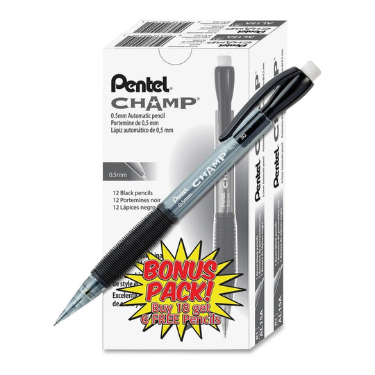 CHAMP 0.5mm Mechanical Pencils, Black Barrel, HB Lead, 24-Pack