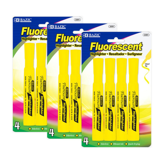 Desk-Style Fluorescent Yellow Highlighters, 12 Count