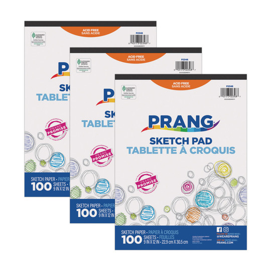 Dry Media Sketch Pads, 9 x 12, 100 Sheets, Pack of 3