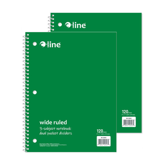 Green Wide-Ruled 3-Subject Notebooks, 120 Sheets, 2-Pack