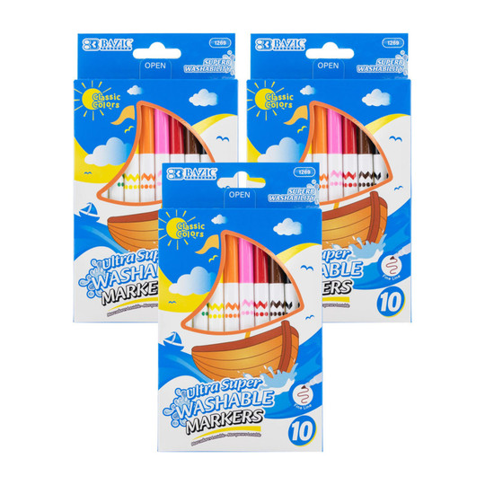 Fine Line Super Washable Markers, Assorted Colors, 3 Packs