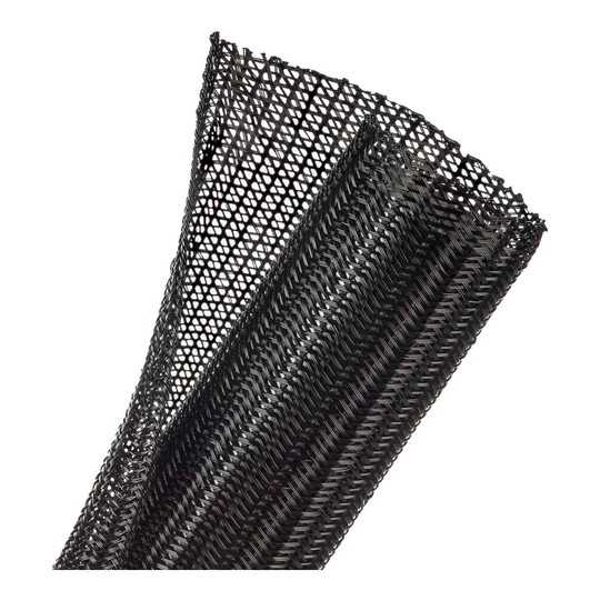 Black split wrappable braided cable sleeve, 2 inch diameter, 50 foot length