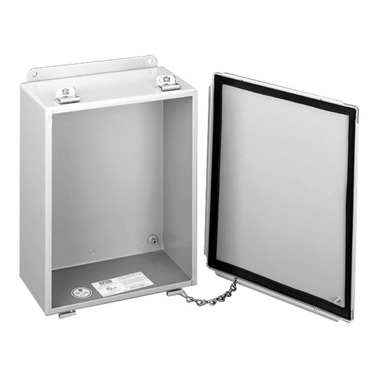 Gray steel electrical enclosure with chain-secured lift-off cover