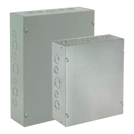 Gray steel pull box with screw cover and knockouts