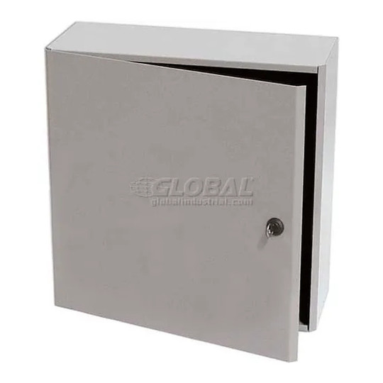 Gray NEMA 1 steel electrical enclosure, 18 inches high by 18 inches wide by 7 inches deep