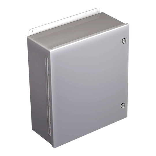 Gray steel electrical enclosure with continuous-hinge door and quick-turn latch