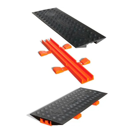 Black two-channel cable protector bridge for parallel cable protector runs