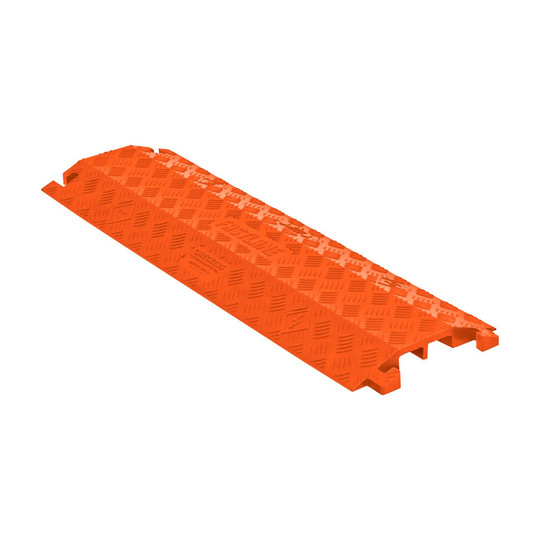 Orange two-channel drop-over cable protector with textured tread surface