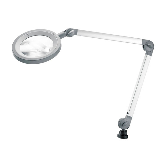 Grey LED magnifier light with articulating arm and circular magnifying lens