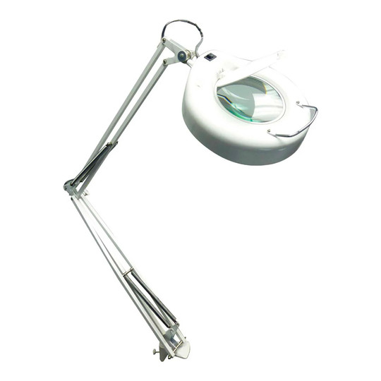 White LED magnifying task lamp with adjustable swing arm and magnifying lens