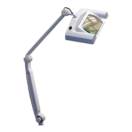 White LED magnifying task lamp with glass lens and spring-balanced arm