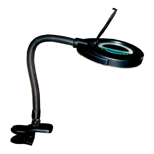 Black LED clip-on magnifying lamp with adjustable swing arm and round glass lens