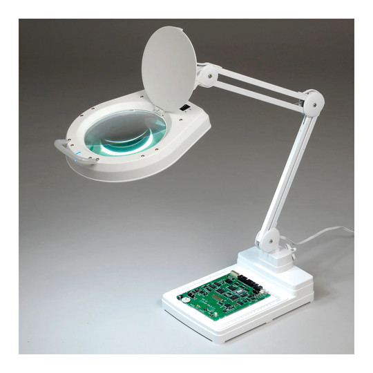 White desktop LED magnifier lamp with a 3-diopter magnifying lens and extension arm
