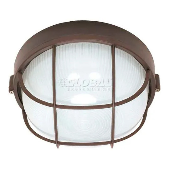 Die-cast bulkhead outdoor light with frosted diffuser and architectural bronze finish