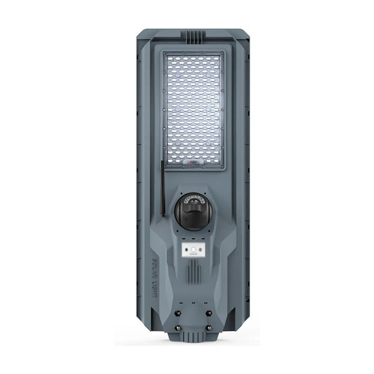 Black solar-powered radar-sensing LED area light with mounting arm